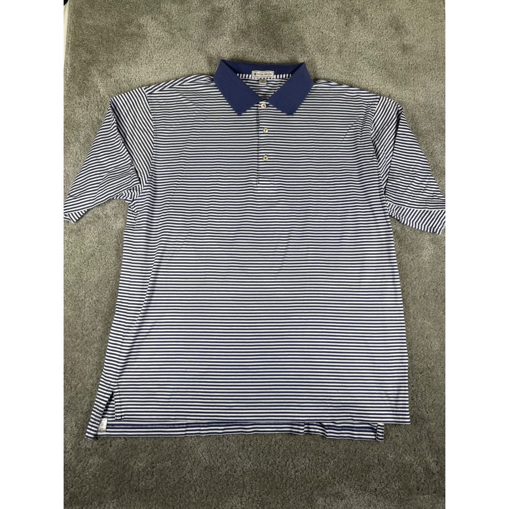 Peter Millar Mens XL Blue White Striped Cotton Short Sleeve Polo Shirt